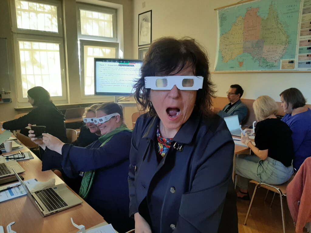 Dina Tsagari trying on vision impairing glasses